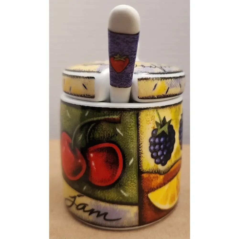 MSC Joie de Vivre Ceramic Jam Jar with Lid & Spoon | Fruit Pattern Confiture Pot